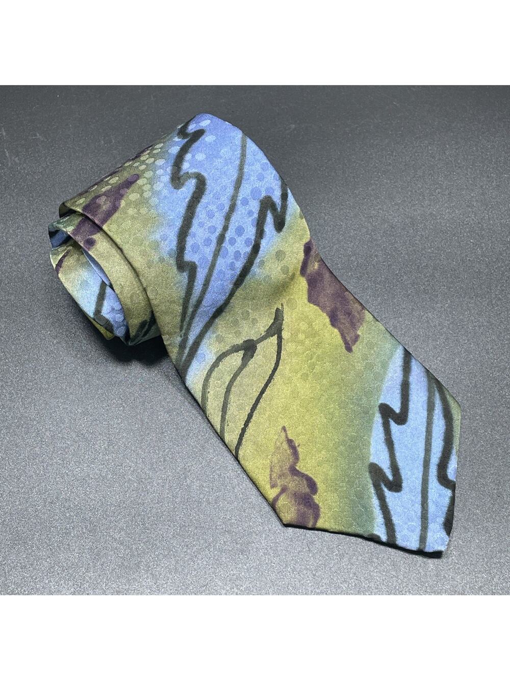 Vtg Marienbad Abstract Necktie Olive Blue Hand Paint Designer Tie 3.75" Artwear